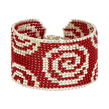 Brazalete Telar Plata Grueso Espirales Rojo